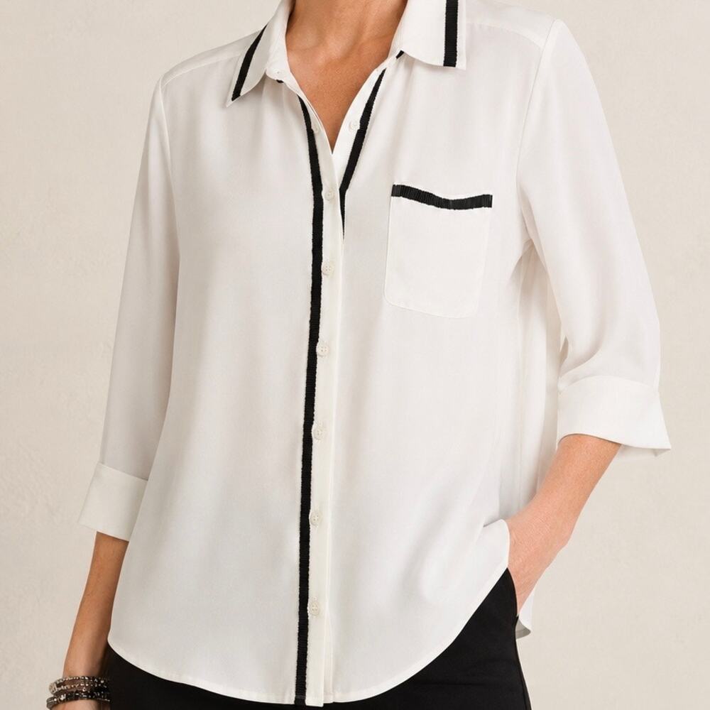 CHICO’S | White Black Beaded Contrast Trim Blouse | Size 3 P (XL Petite)